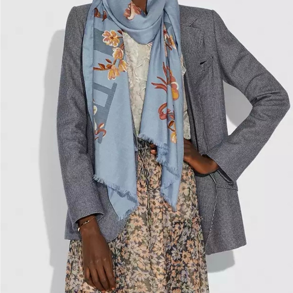 Coach Floral Bow Print Cotton and Silk Oblong Scarf 73214